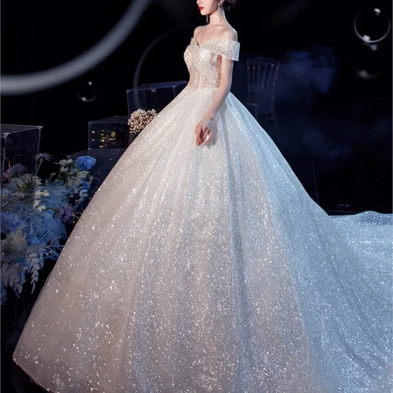 off-Shoulder New Wedding Dress Bride Main Yarn Starry Escape Luxury Heavy Industry Small