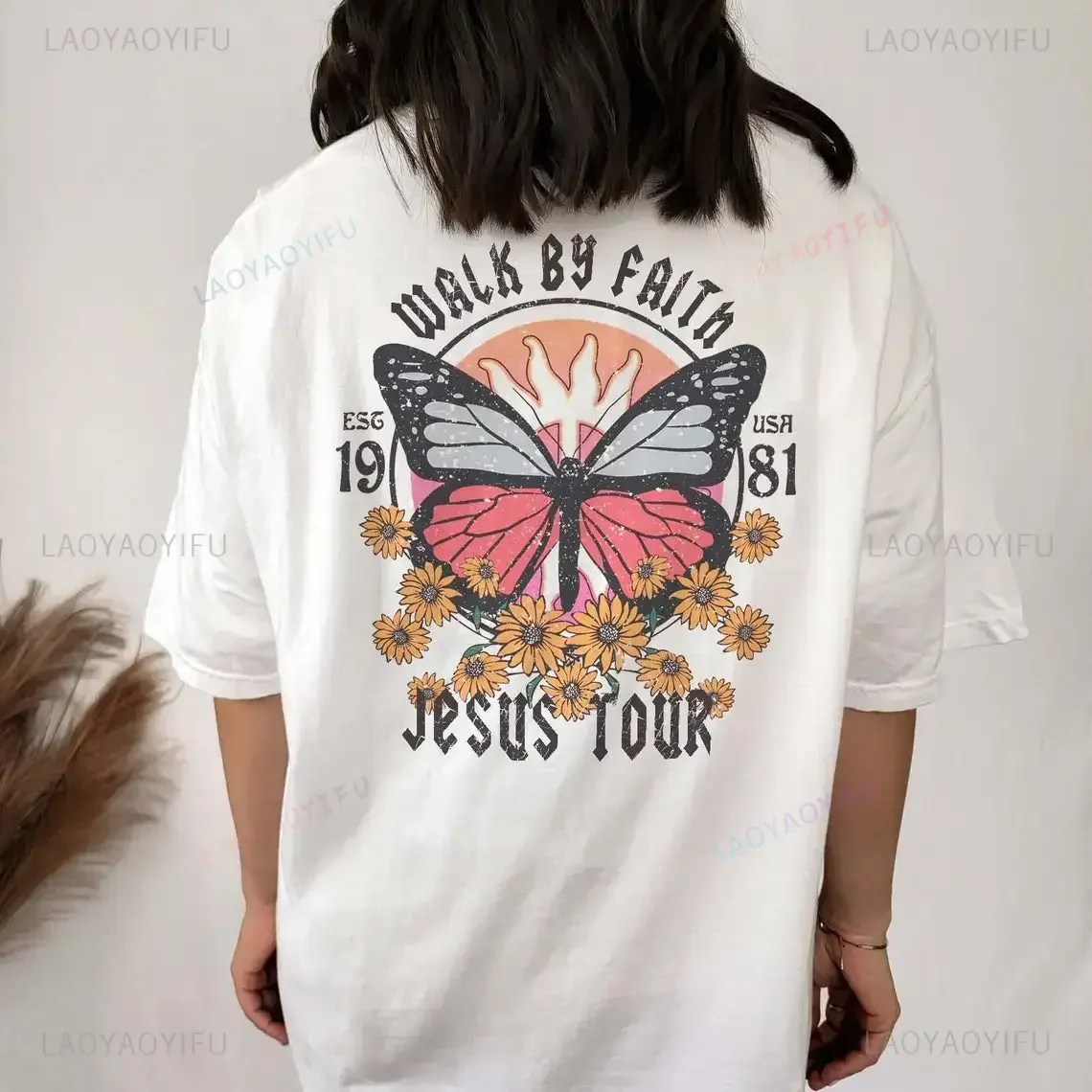 Colored Butterfly Walk By Faith Tshirt Vintage Women Graphic Jesus Christian Bible Tee Shirt Classic Aesthetic Streetwear