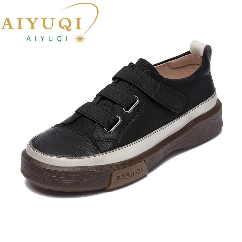 AIYUQI Women\'s Vulcanized Shoes Flat New Genuine Leather Women\'s sneakers Retro Large Size 42 43 Fashion Girl Student Shoes