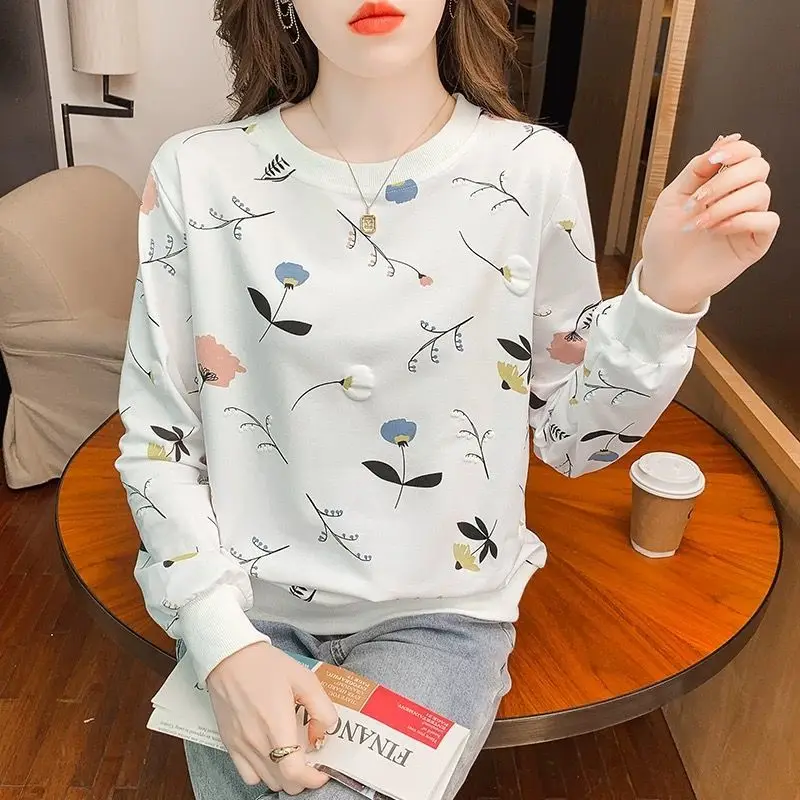 Women's White Cotton Crew Neck Sweatshirt 2026 Spring Autumn Thin Base Layer Top