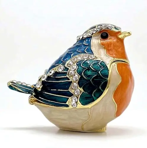Ornate Enamel Robin Figurine With Rhinestone Detailing, Hinged Trinket Box For Ring And Earring Storage, Decorative Home - view 3