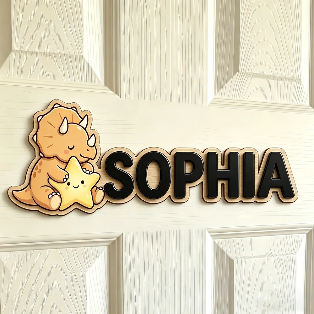 Custom Triceratops with Star Kids Name Sign, Wooden Nursery Door Decor, Cute Personalized Wall Plaque for Boys Girls Bedroom