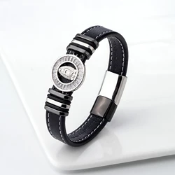 New European and American fashion collocation micro zircon Madonna goddess statue stainless steel neutral leather rope bracelet