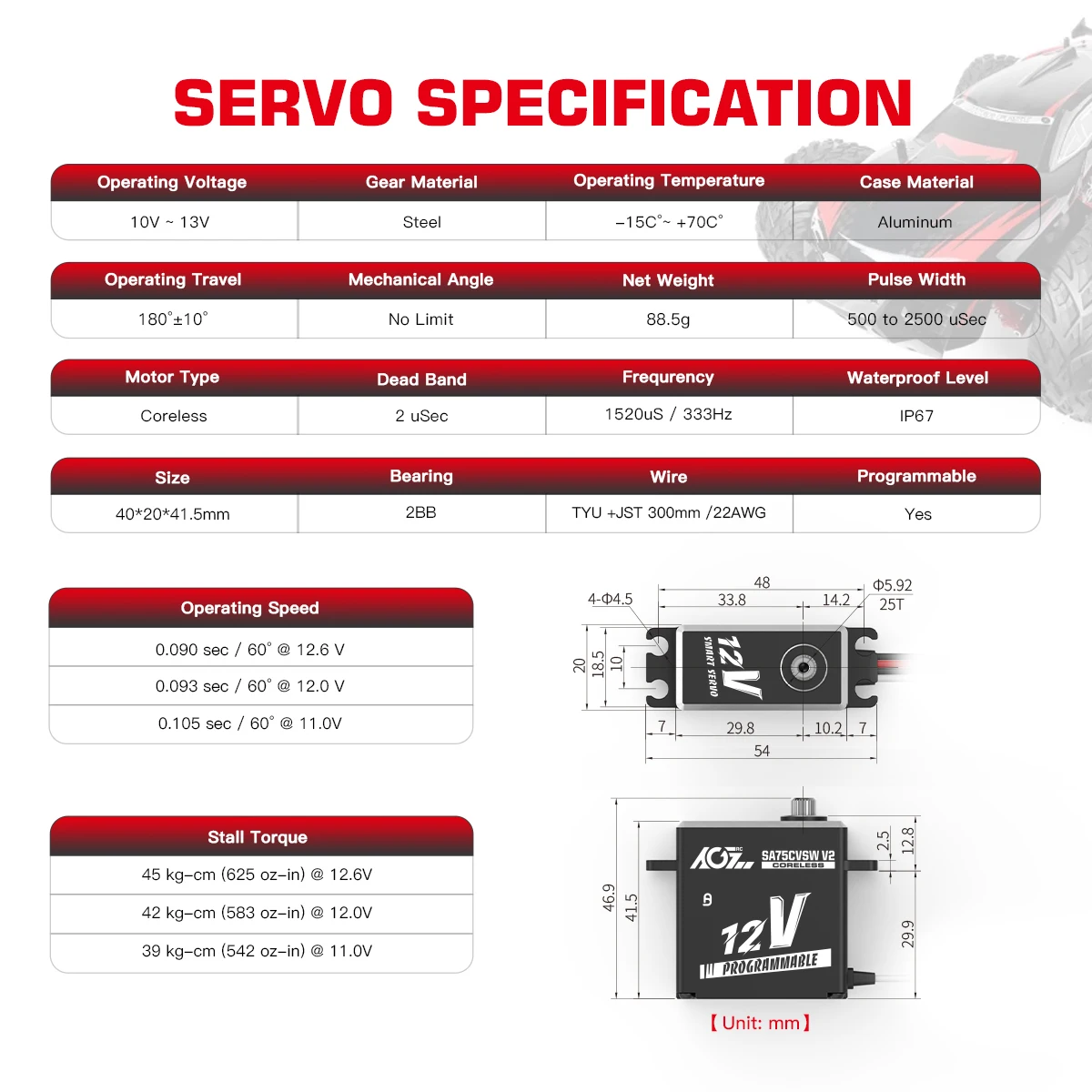 AGFRC-Servo inteligente teledirigido, dispositivo Digital sin núcleo programable, impermeable, 45KG, 3S, 12V, 1/8, 1/10