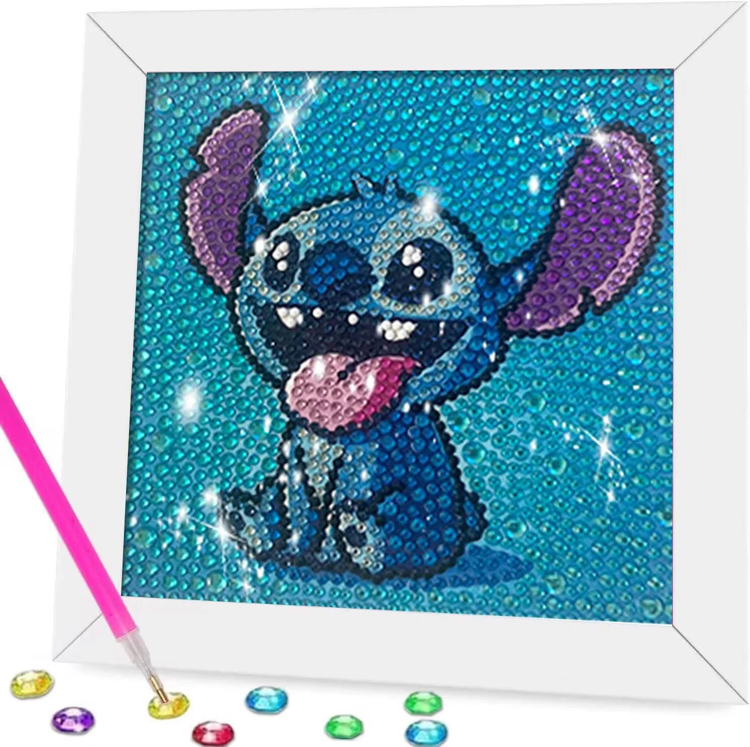 18x18cm With White Frame 5D Full Round Drill Diamond Painting Kit Cute Big Ears Blue Alien Pet Boba Milk Tea Cyan Bubble Backgro view 3