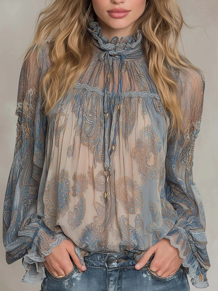 

Women's Boho Paisley Print Vintage Blouse Elegant Ruched Lace Up Crew Neck Chiffon Flared Puff Long Sleeve Chic Vacation Blouses