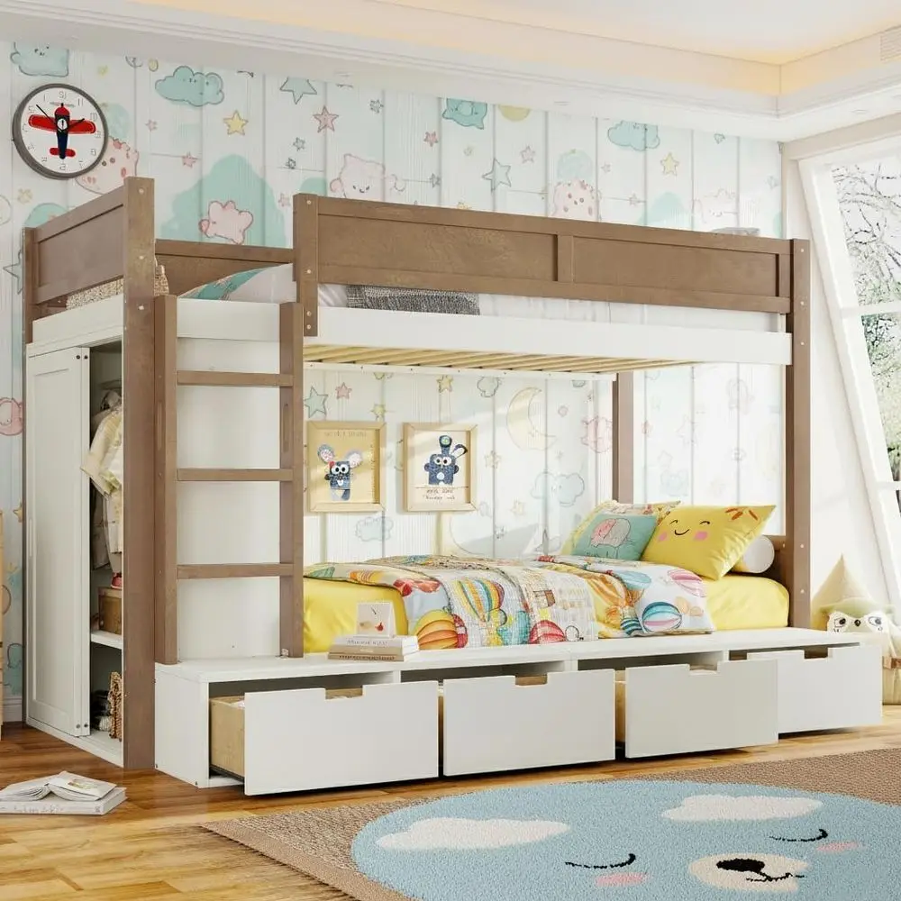 

Twin Over Twin Bunk Bed with 4 Drawers, Kids' Wood Bunk Bed with Wardrobe and Full-Length Guardrails, Beige and Natural