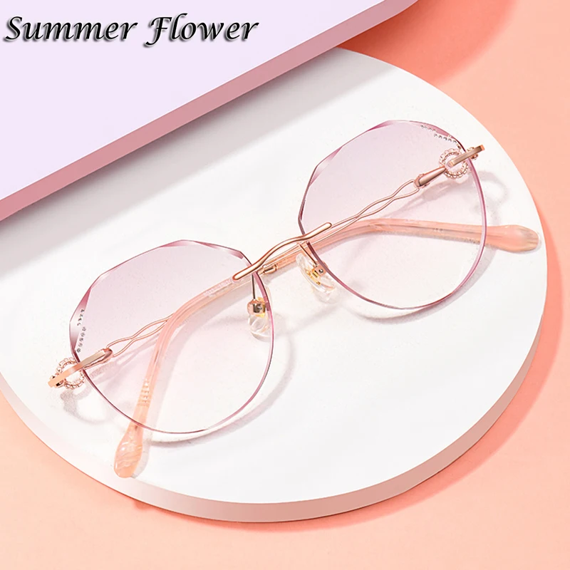 

Women Rimless Eyeglasses Elegant Sunglass Luxury Durable Titanium Glasses Gradient Gray Red Glasses Lady Optical Frameless Gafas