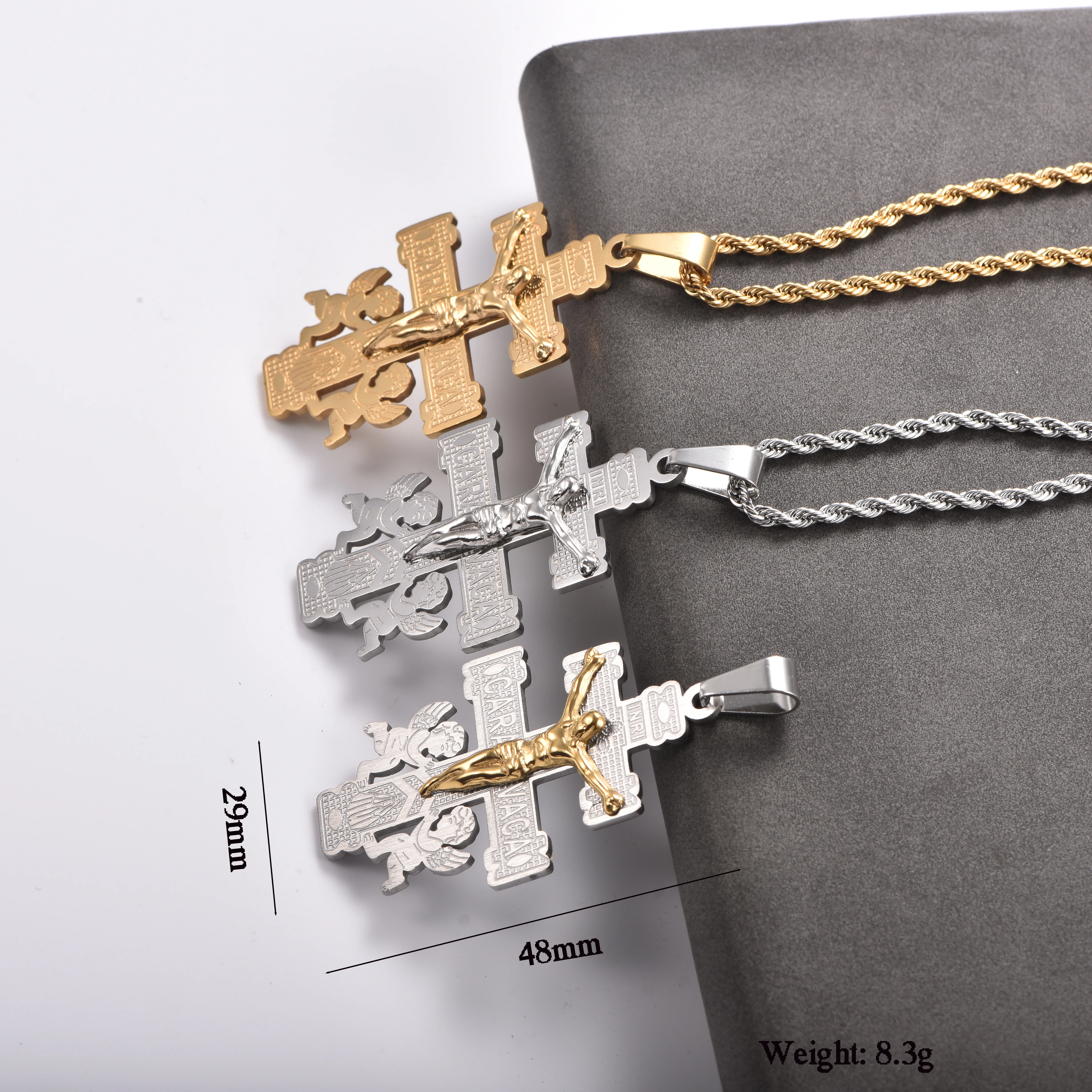 Christlich-orthodoxe Kreuzkette, vergoldeter/versilberter Edelstahl, Jesus-Kruzifix-Anhänger, Vintage religiöser Glaubensschmuck, Geschenk – Detail 3