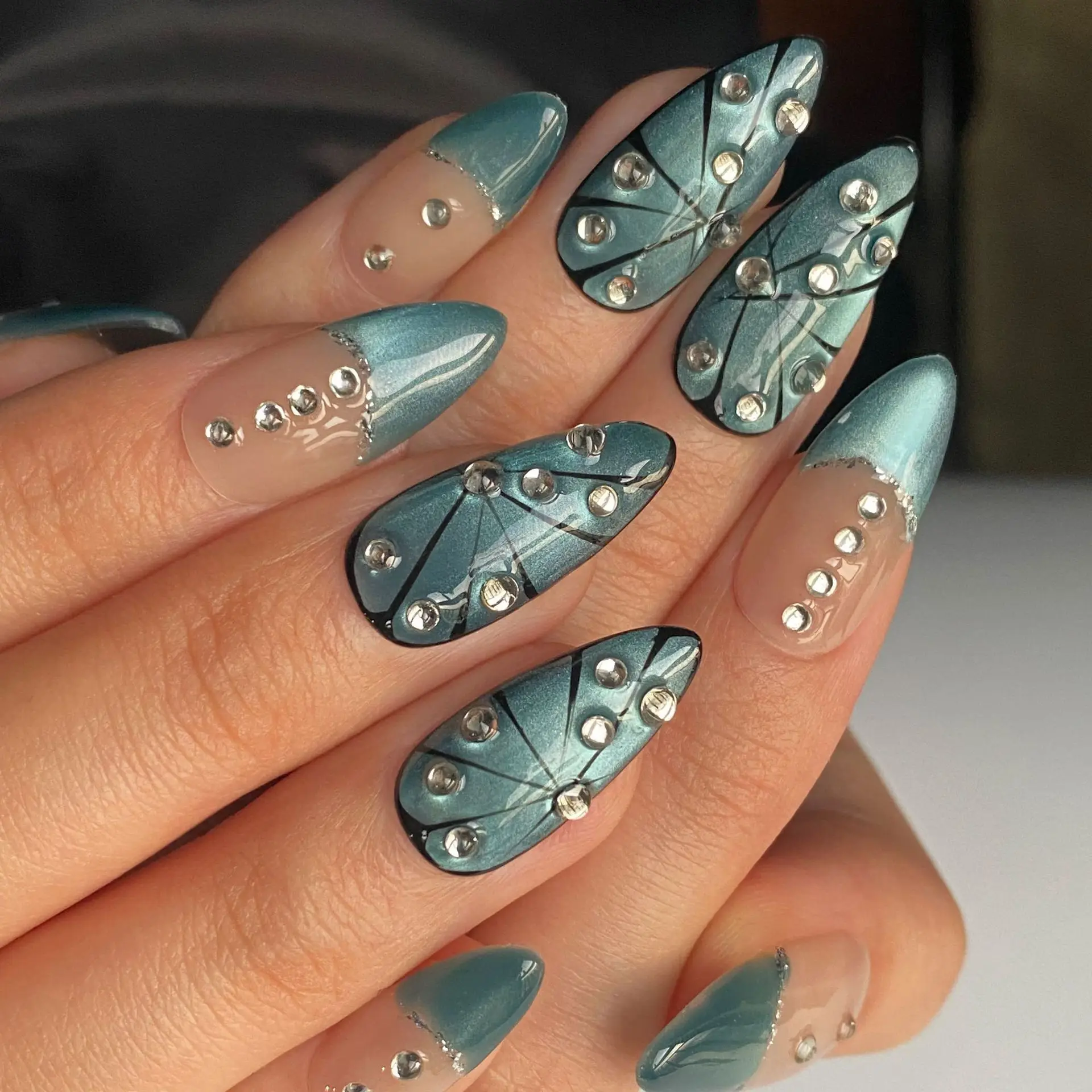 10P Party Ready 3D Crystal Nail Set – Dark Green Geometric Design Almond Shape Fake Nails, Hand-Painted Luxury  Nails for Women
