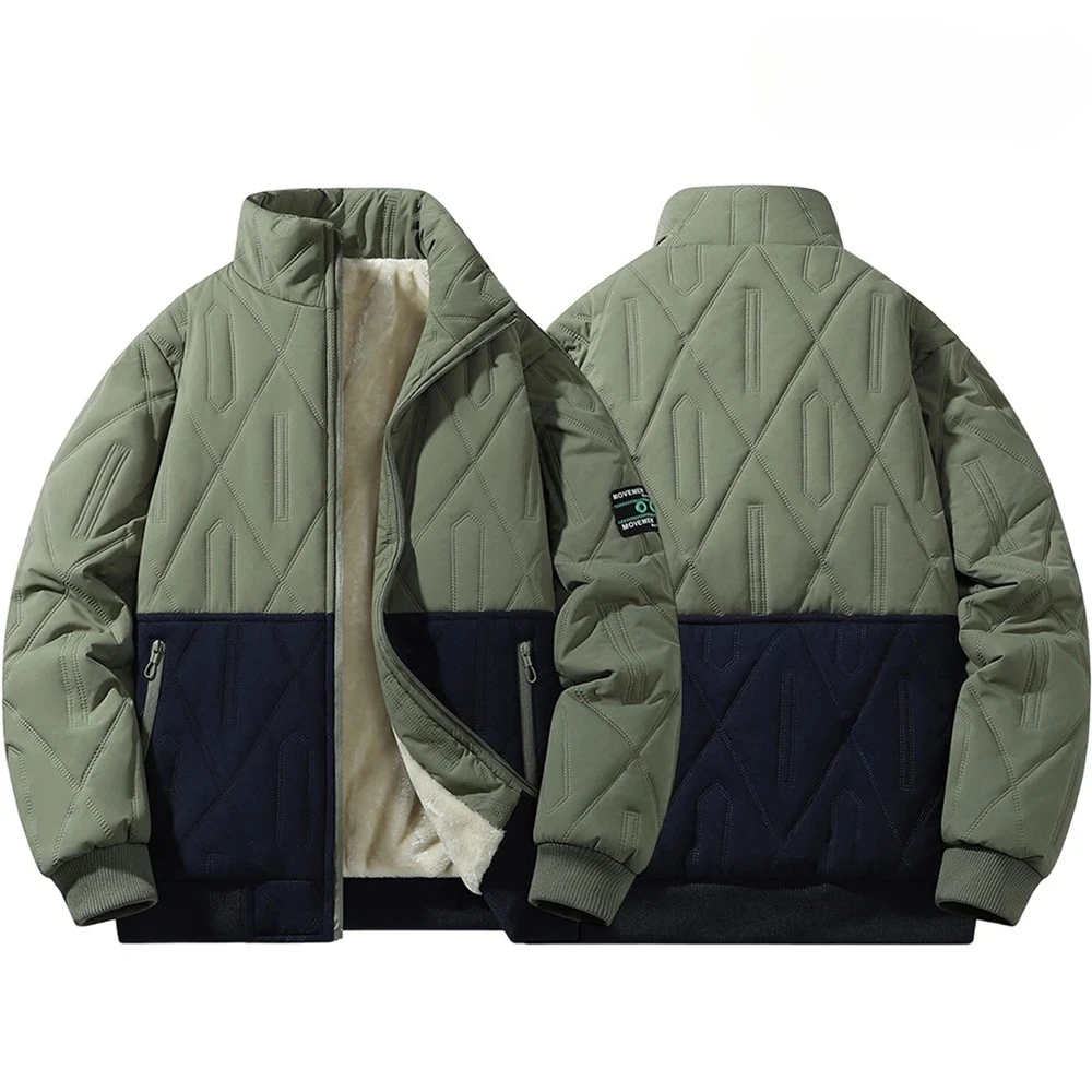

Men's Diamond-Pattern Fleece-Lined Parkas Thicken Cotton Coat Men New Winter Windproof Patchwork Color-Block Stand Collar Jacket
