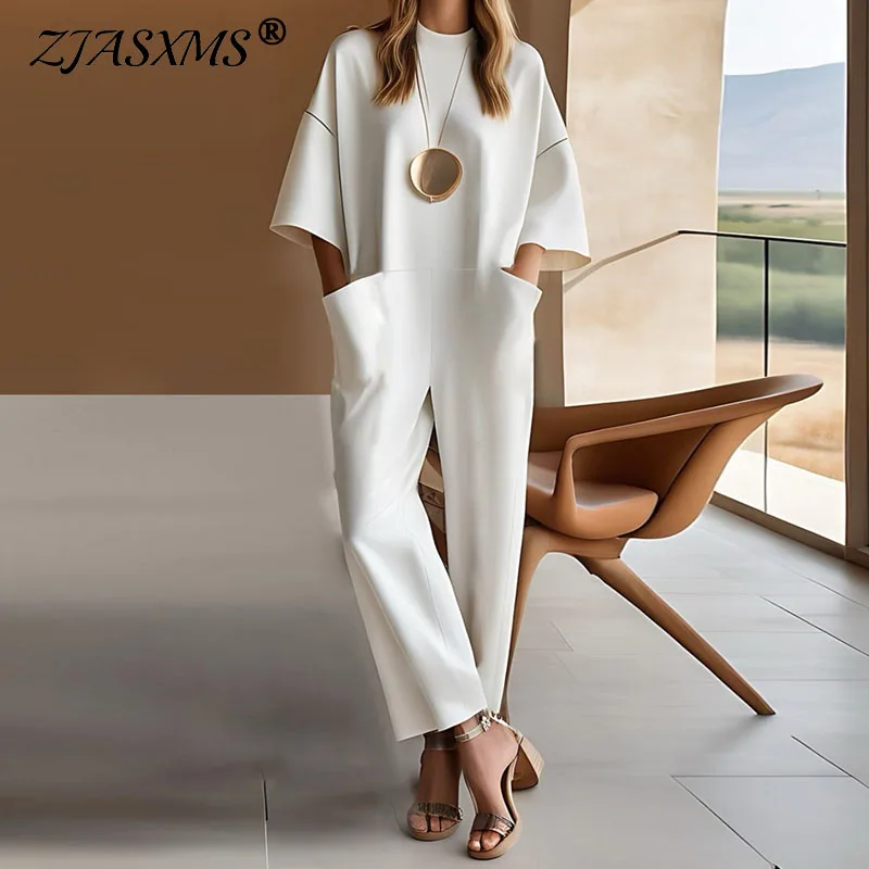 

Autumn Solid Spliced Half Sleeve Women Jumpsuit Casual O Neck Pockets Romper Overalls Vintage Loose Zipper Office Lady Playsuits