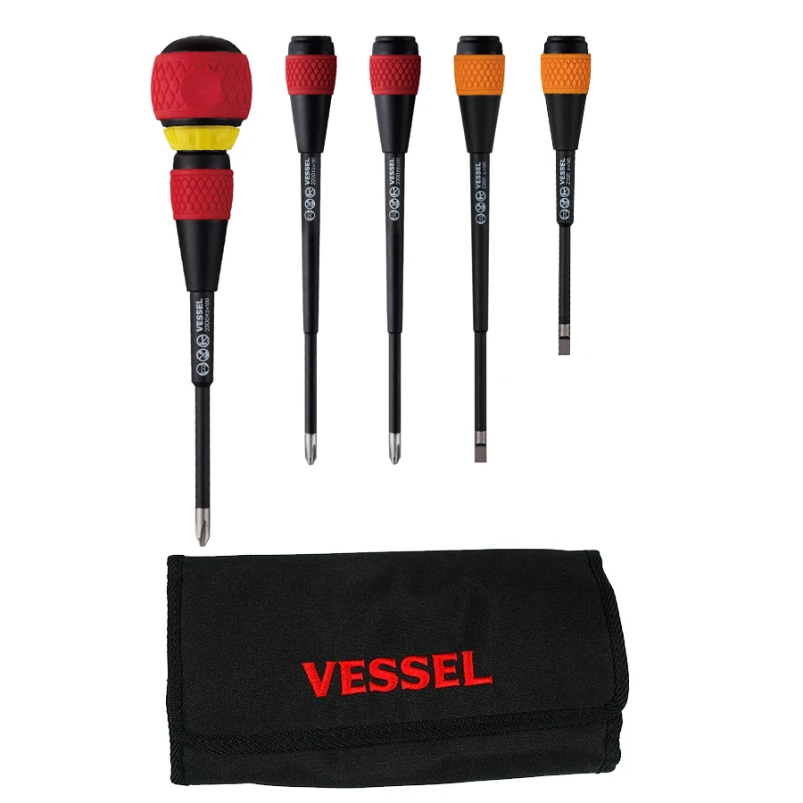 VESSEL 5pcs Ball Grip Ratchet Screwdriver Set with Tool Kit for Electrican Suitable for PH2, PH3 and SL6 No.2200B