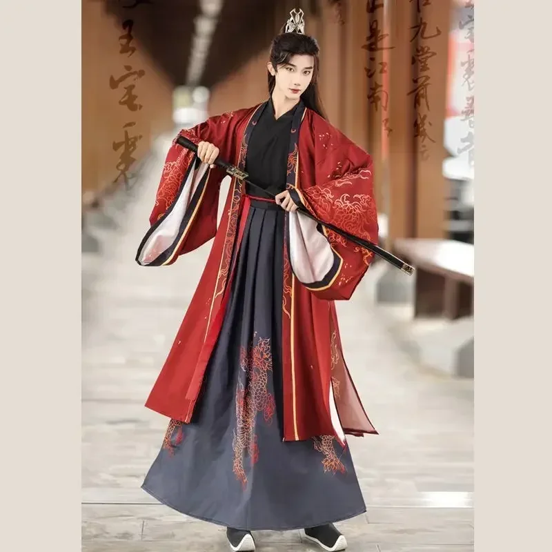 Costume Hanfu chinois pour hommes, Halloween, carnaval, cosplay, tenue de fête, robe imprimée Prairie, rouge et noir, grande taille, 3XL