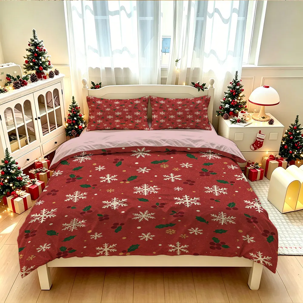 Christmas Duvet Cover Set 3Pcs Red White Snowflake Gold Star Print Soft Microfiber Bedding with Pillowcases Decor