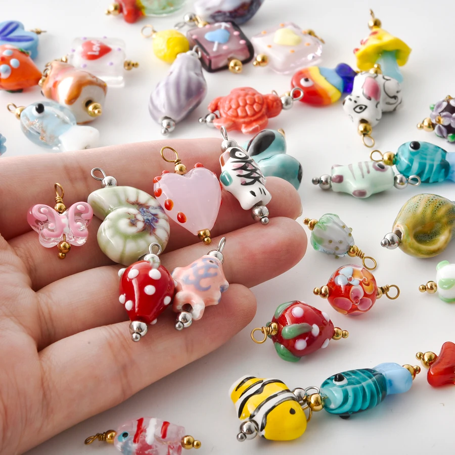 4/6Pcs Dopamine Glass Sea Fish Butterfly Pendentif Hand-Painted Millefiori Colorful Flower Mushroom Charms Jewelry Wholesale