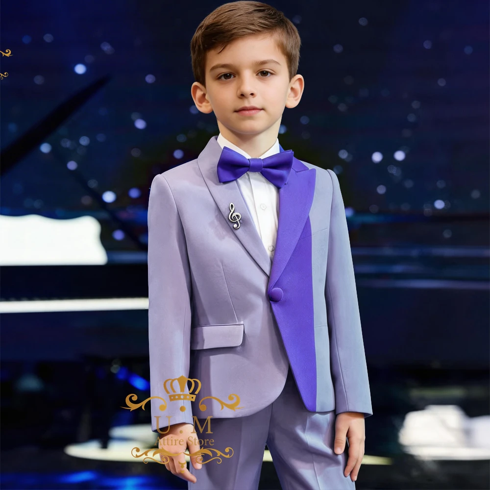 

Elegant boy's 3-piece suit set featuring a violet color-block jacket vest pants custom-made for prom performance wedding party