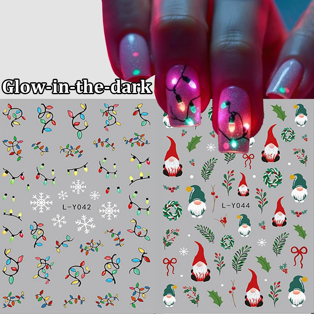 1개 야광 컬러풀 라이트 크리스마스 네일 스티커 발광 접착제 산타클로스 네일 데칼 DIY 매니큐어 장식
