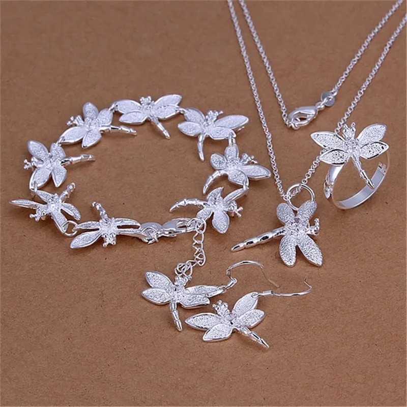 

Fashion Luxury 925 Sterling Silver Crystal dragonfly pendant necklace earring bracelet rings for women Popular Jewelry set gifts