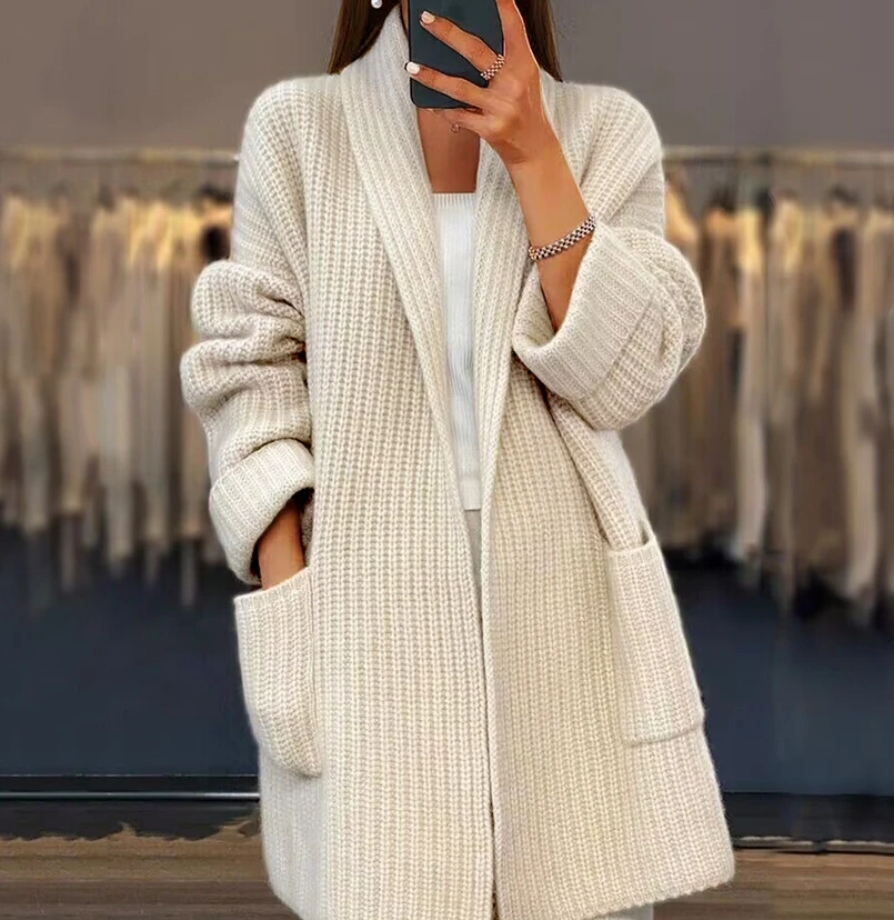 

Women's Sweater Elegant Commuting 2024 Winter Thick Solid Color V-neck Long Sleeve Knitted Cardigan Loose Pockets Sweater Coat