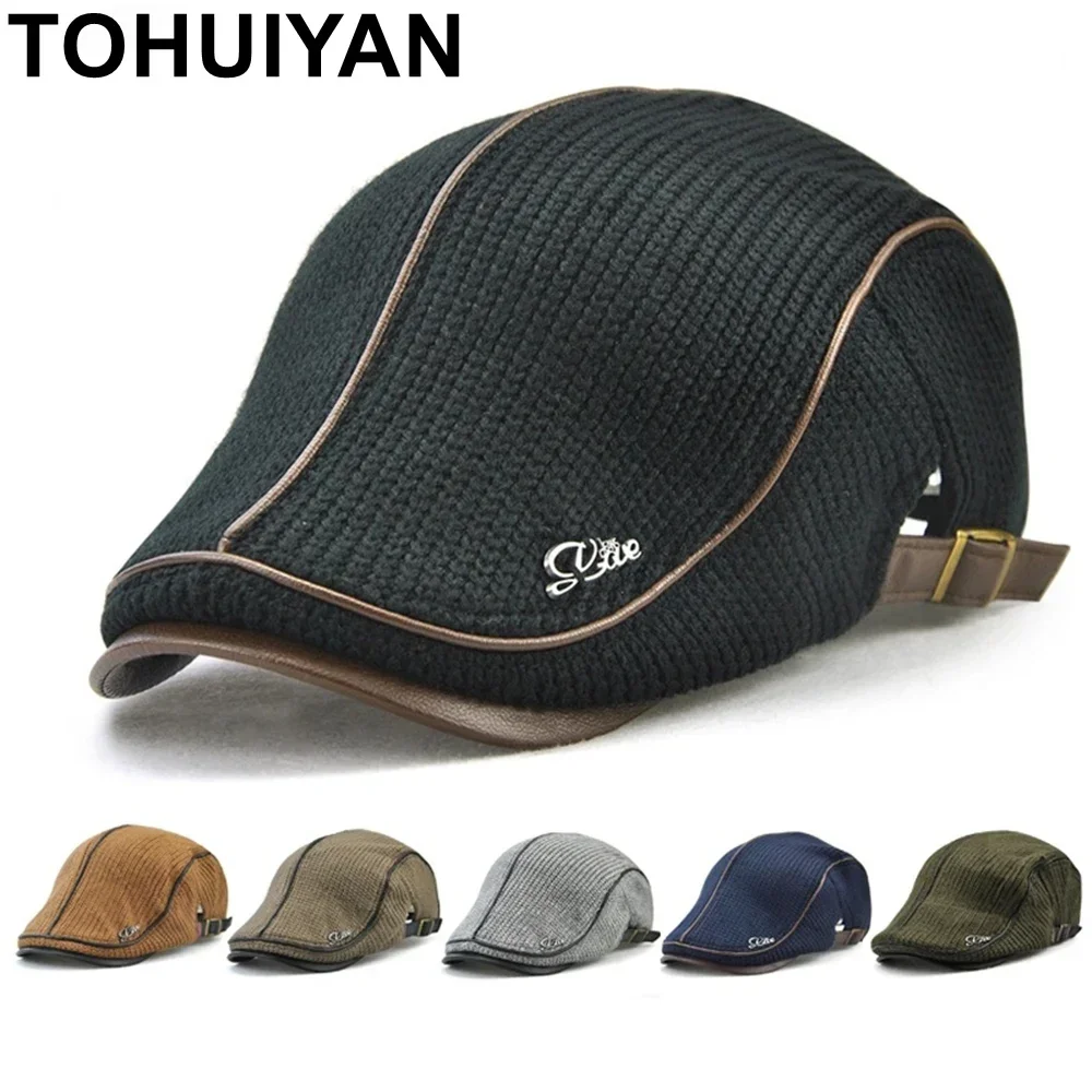 TOHUIYAN gorra de punto de lana para hombre, gorro cálido de invierno para hombre, visera de pico de pato, gorras planas, Boina, Cabbie, sombrero de