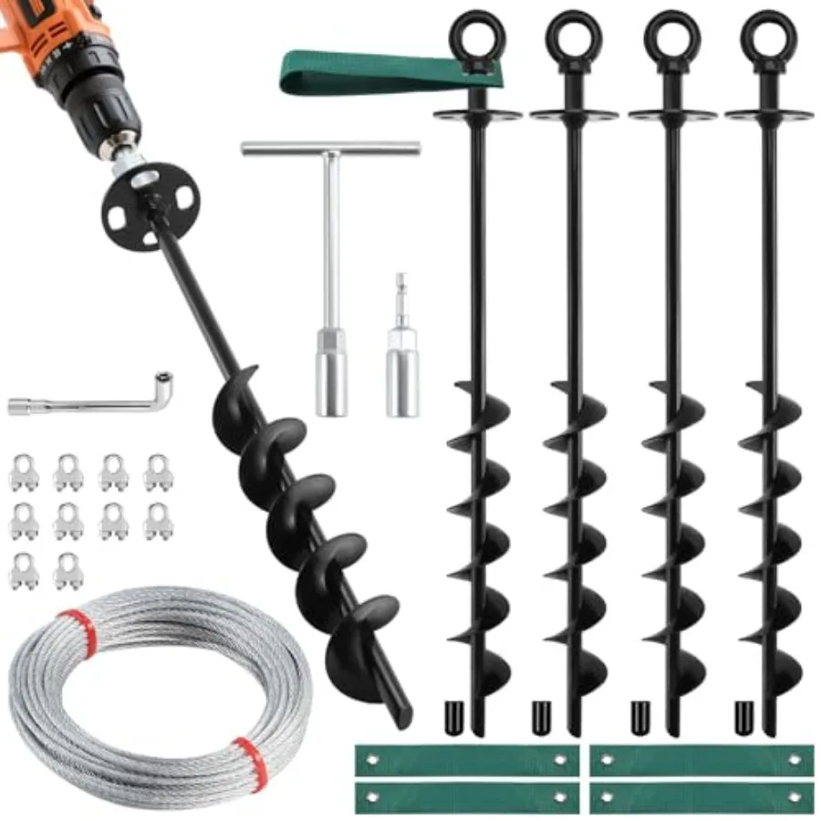 

18'' Ground Anchors Screw in Heavy Duty Shed Anchor Kit with Straps Steel Cable Tools for Securing Mobile Homes Carports Swing