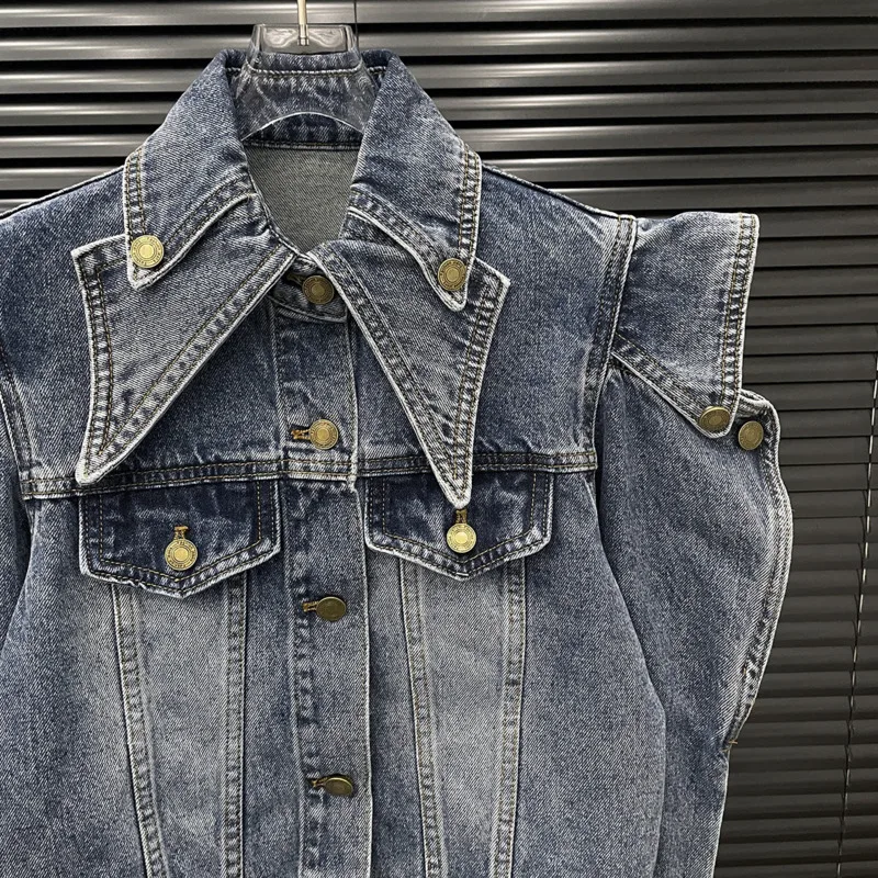 ANJY Autumn New Women Short Denim Jacket Hollow Out Long Sleeve Turn-down Collar Single Breasted High Street Stylish Coat A10362