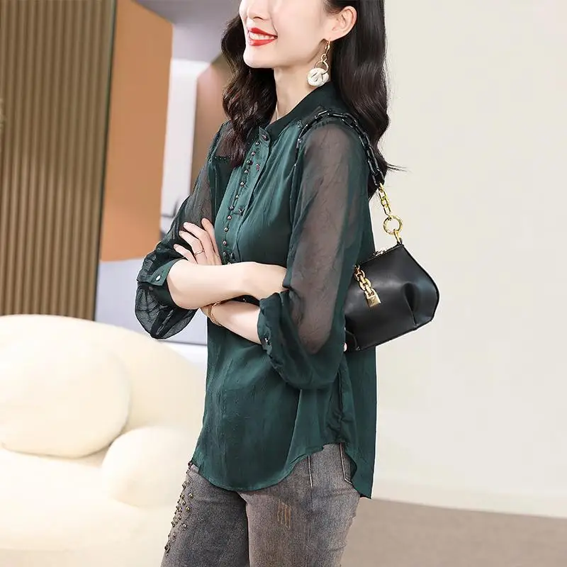 Vintage Solid Color Gauze Patchwork Shirt Stylish Embroidered Flares Button Female Clothing Stand Collar Spring Summer Blouse