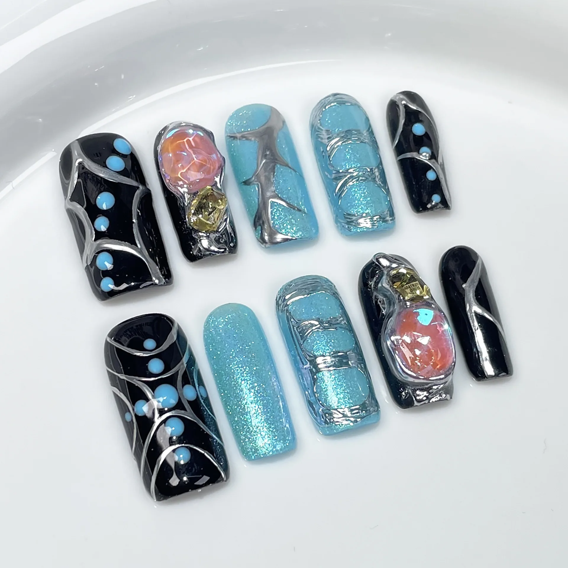 

10Pcs Blue Handmade Press on Nails Punk Fashion Fake Nails Spicy Girls Medium Length Square Black Stick-on False Nails Tips