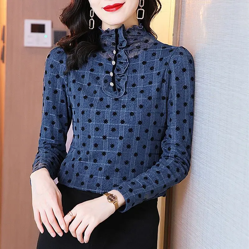 

Women Denim Blue Colour Zigzag Dot Printing Half Height Collar Slim Agaric Lace Transparent Blouse Nail Bead Embellishment 5XL