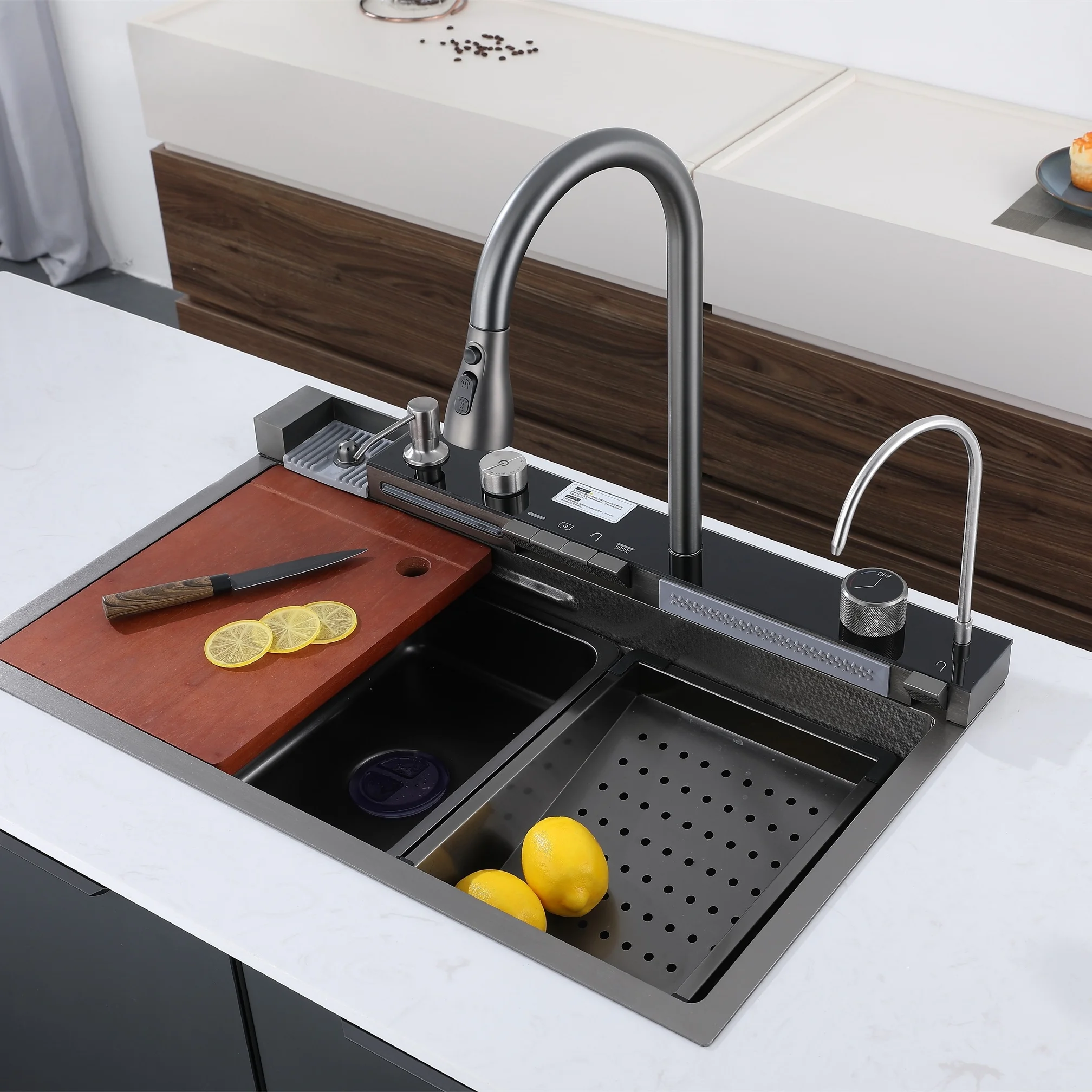 

2023 Kitchen Sink with Waterfall Faucet Stainless Steel Large Single Slot Bionic Honeycomb Black Wash Basin