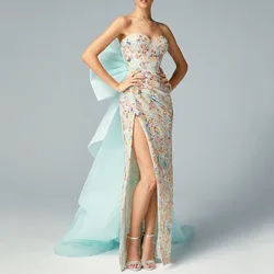 Fashion Blue Women Prom Dresses Strapless Floor Length High Side Split Geometry Candy Color Bow Sweet Evening Party Gowns