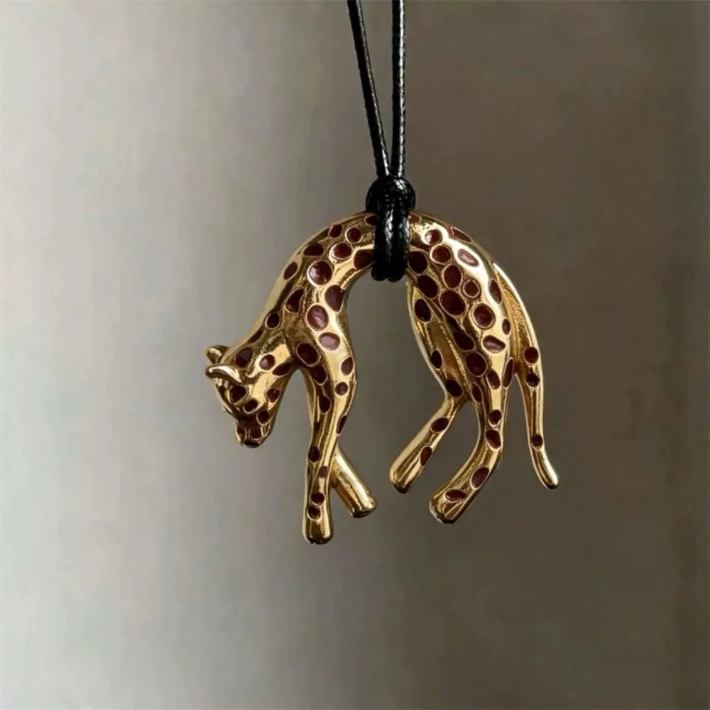 Vintage Leopard Pendant Necklace for Men Women Black Color Wax Cord Sweater Necklace Animal Design Statement Jewelry