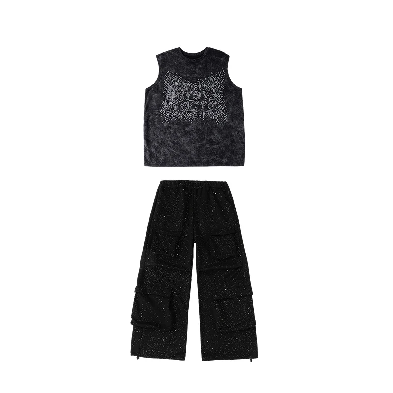 Jungen Hip Hop Dance Kostüm Sommer Schwarze Weste Baggy Hosen Glänzende Bühne Outfit Jazz Performance Kleidung Trend Straße Tragen BL16179