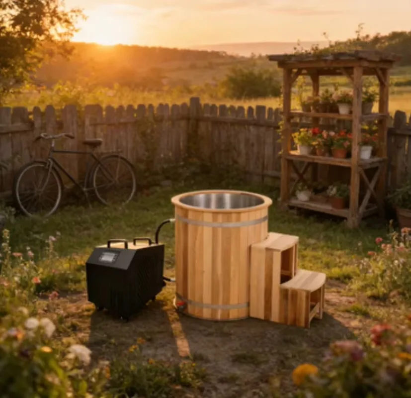 

Canadian redwood single-person round ice bath tub with stainless steel cover