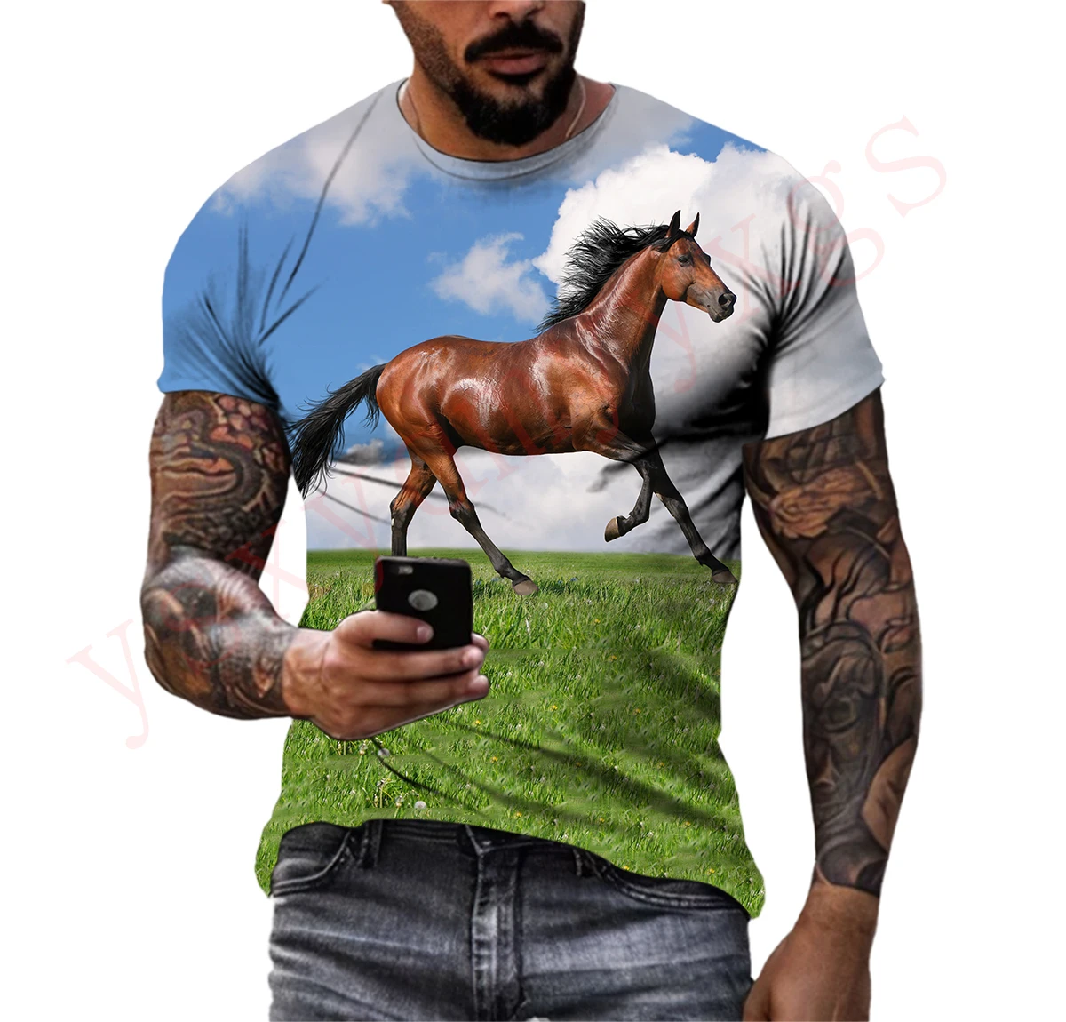 Summer Fashion Horse Drawing Cture Trend T Shirts For Men Casual 3D Print Tees Hip Hop Personality Round Neck Short Sleeve Tops