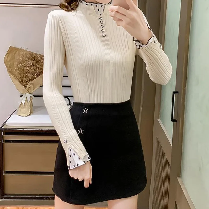 Fashion Elegant Polka Dot Spliced Solid Sweaters Autumn Winter Women\'s Clothing Slim All-match Half High Collar Knitted Tops