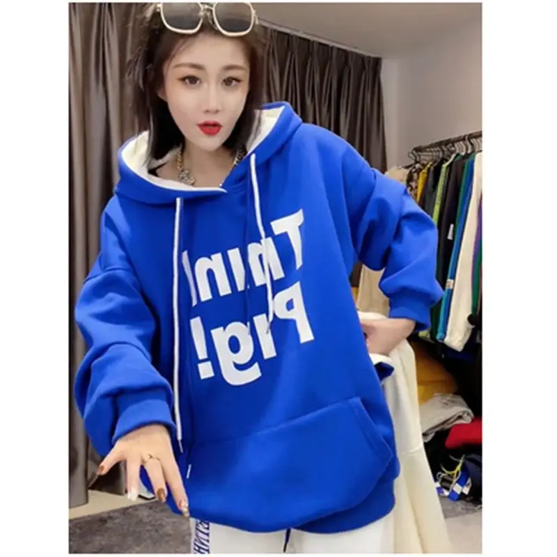 Street Casual Plus Size Contrast Loose Hoodies Spring Autumn New Thin Lazy Style Pullovers Top Fashion Vintage Women Clothing