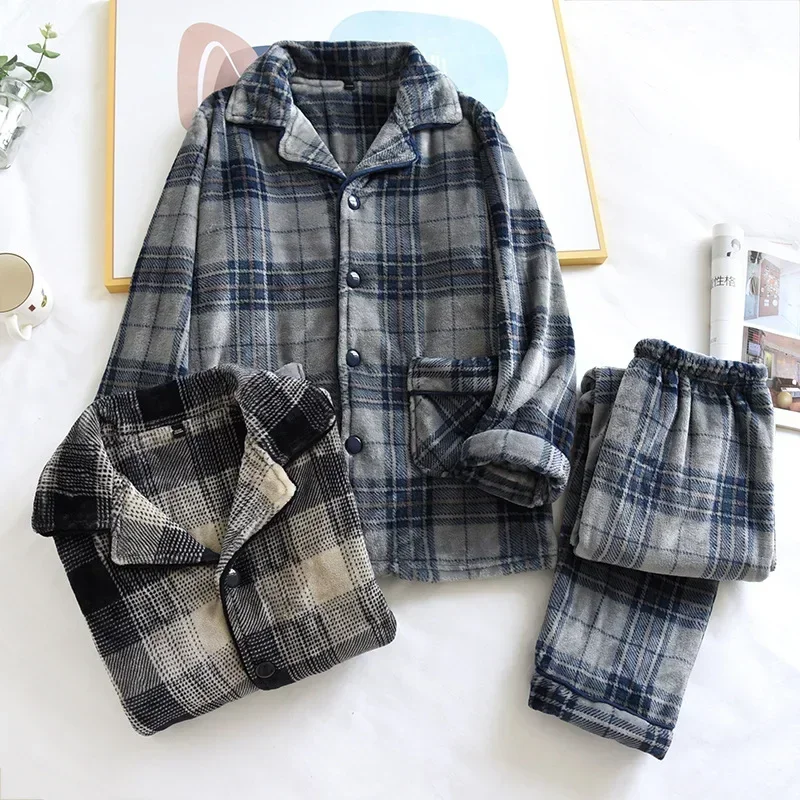 Autumn And Winter New Men's Pajamas Long-sleeved Trousers Two-piece Flannel Thickened Warm Home Service Set Plaid Large Size Men