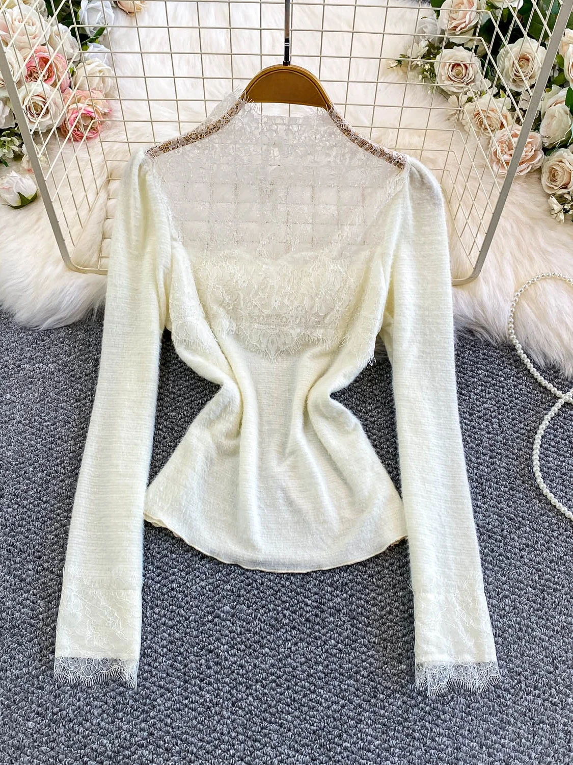 

Ele Hollow out Lace Patchwork High Collar Women's irt Sexy Fene Plu Base Layer Top for Autumn Winter Commute