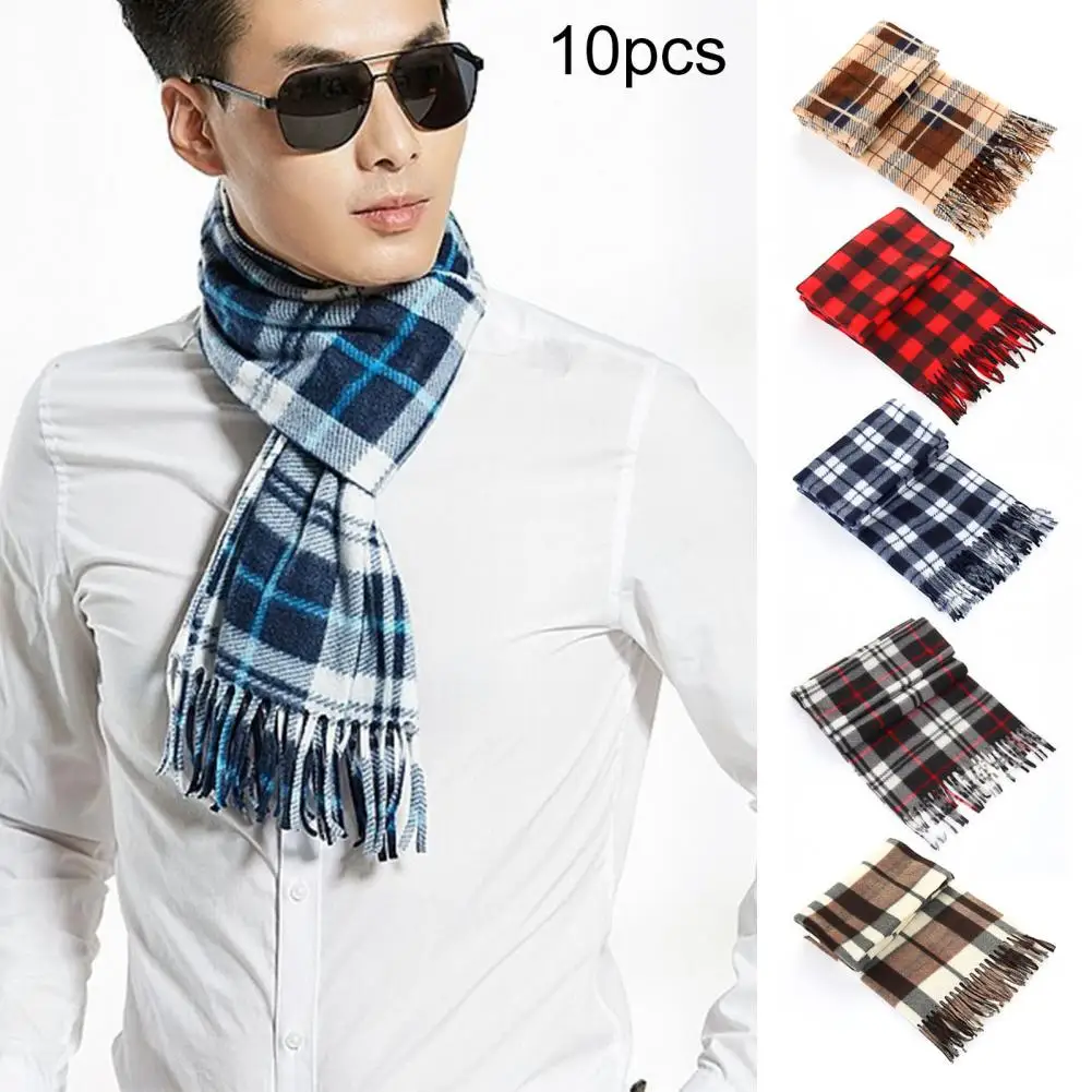 10Pcs Men Women Scarf Plaid Print Tassel Trim Double Sided Velvet Long Scarf Contrast Color Thermal Long Scarf