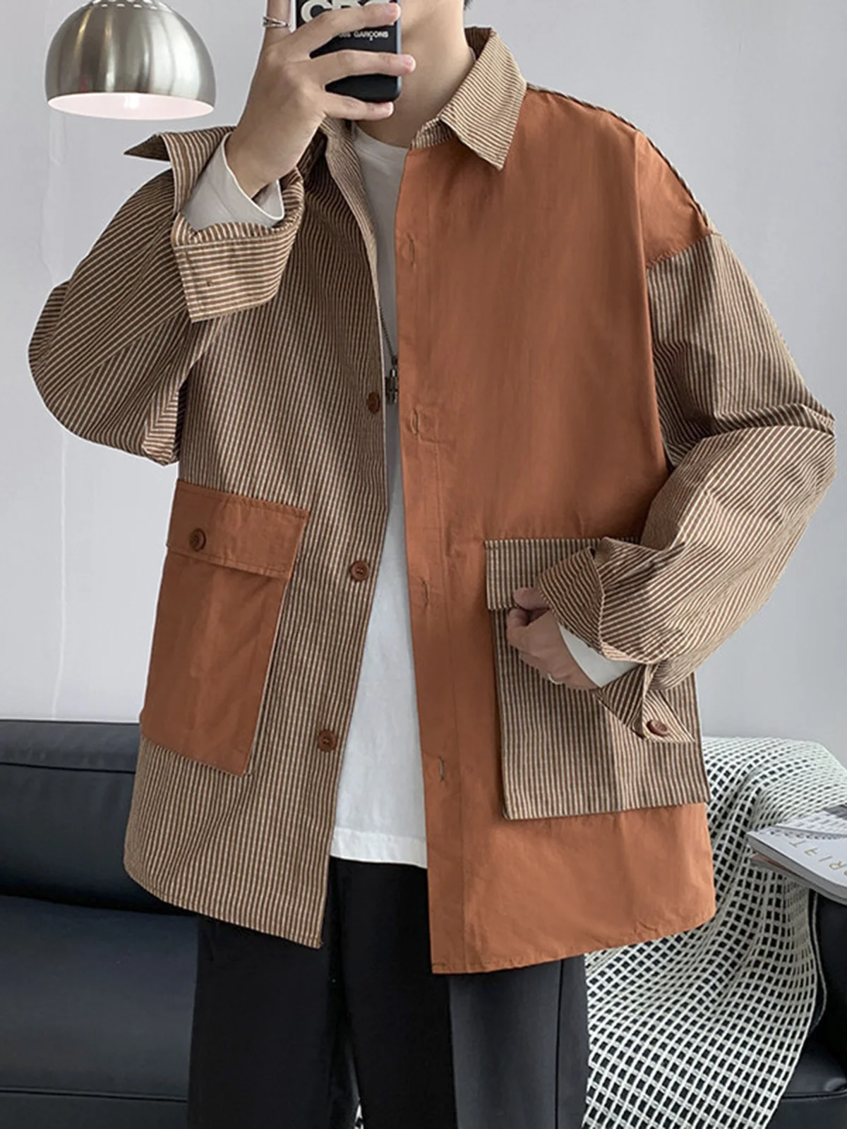 Long Sleeve Striped Shirt Men's Spring Autumn Fashion Design Splicing Trendy Korean Style Workwear Jacket Youth Popular Loose...