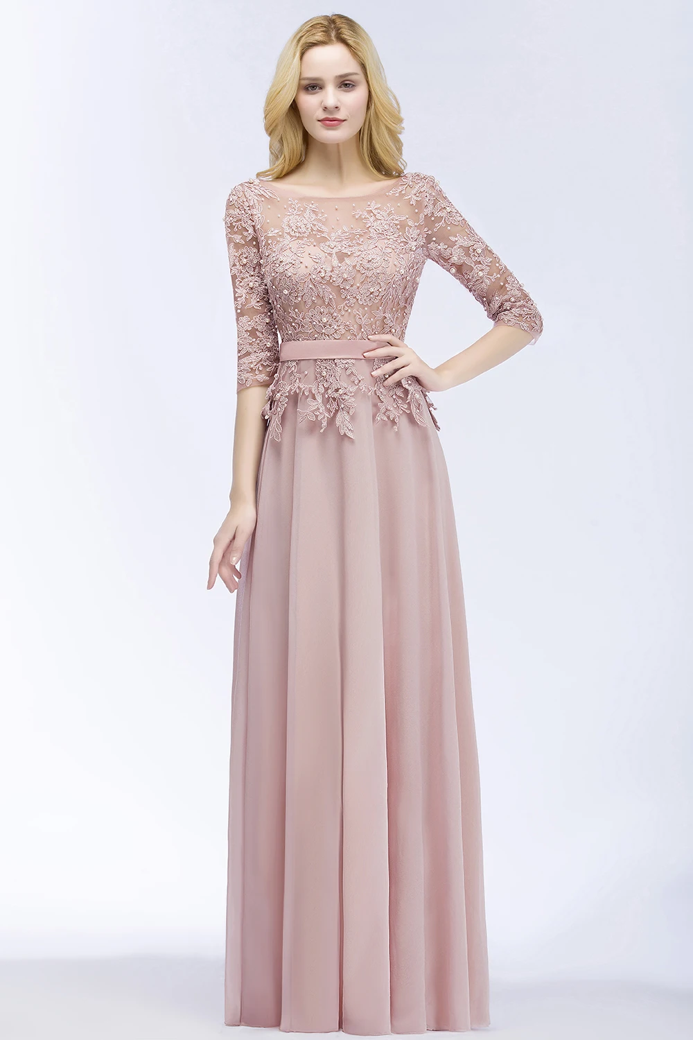 STEPHANIE 2024 Dusty Rose Evening Dresses Chiffon Appliques 3/4 Sleeves Banquet Formal Party Prom Gowns Maxi Robe De Soiree