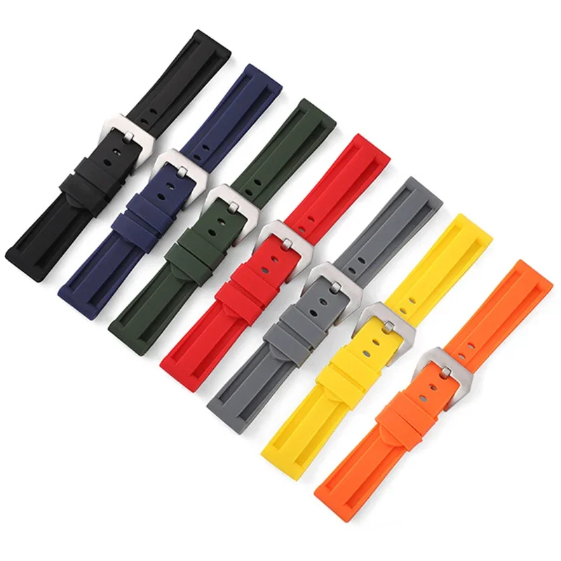 22mm 24mm 26mm Black Blue Red Orange White Yellow Watch Band Silicone Rubber Watchband Replacement Strap Steel Buckle