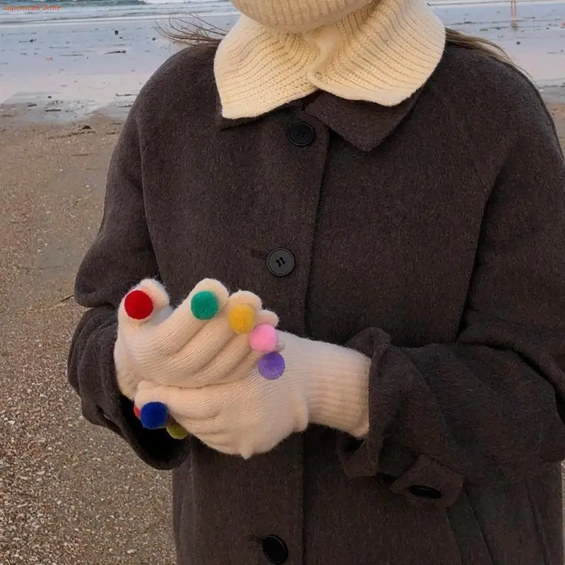 Q5WE Winter Gloves Stretchy Mittens Adult Knitted Colorful Decor Full Finger Gloves Knitted Gloves for Cold Weather