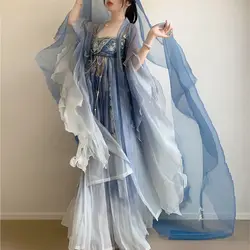 Blue women's embroidery Hanfu Chinese traditional style round neck robe girl spring and summer new adult performance gown