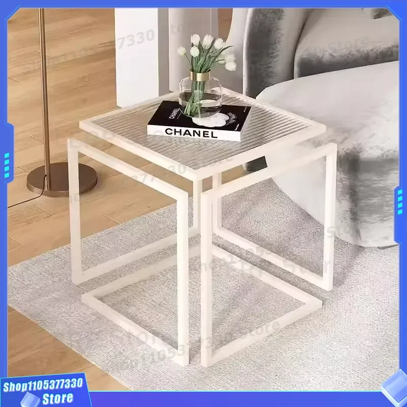 Modern Square Iron Coffee Table with Hanging Glass Top Luxury Side Table for Living Room Sofa Bedside Creative Art Furniture