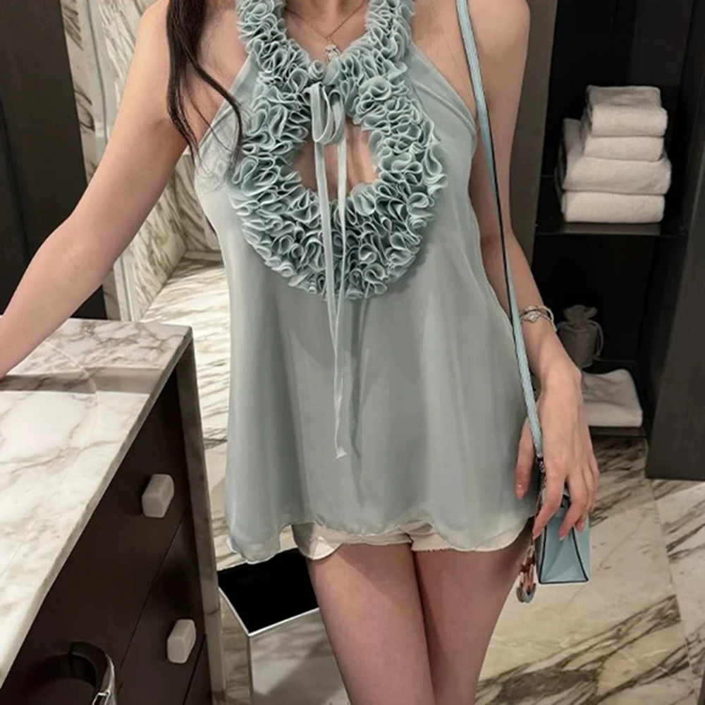 

High-end temperament pure desire lady style 2025 summer new sleeveless flower backless vest camisole top-GZXX955