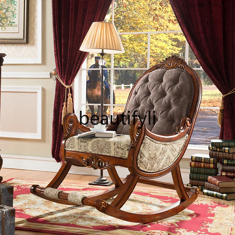 

European solid wood rocking chair, American fabric sofa reclining chair casual nap chair