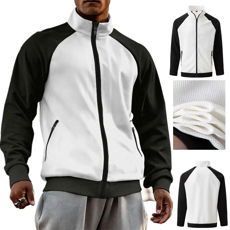 

Men's Waffle Knit Jacket with Raglan Sleeve, Spring Fall Lightweight Zip Up Lapel Collar Casual Coat with Zippered Pockets